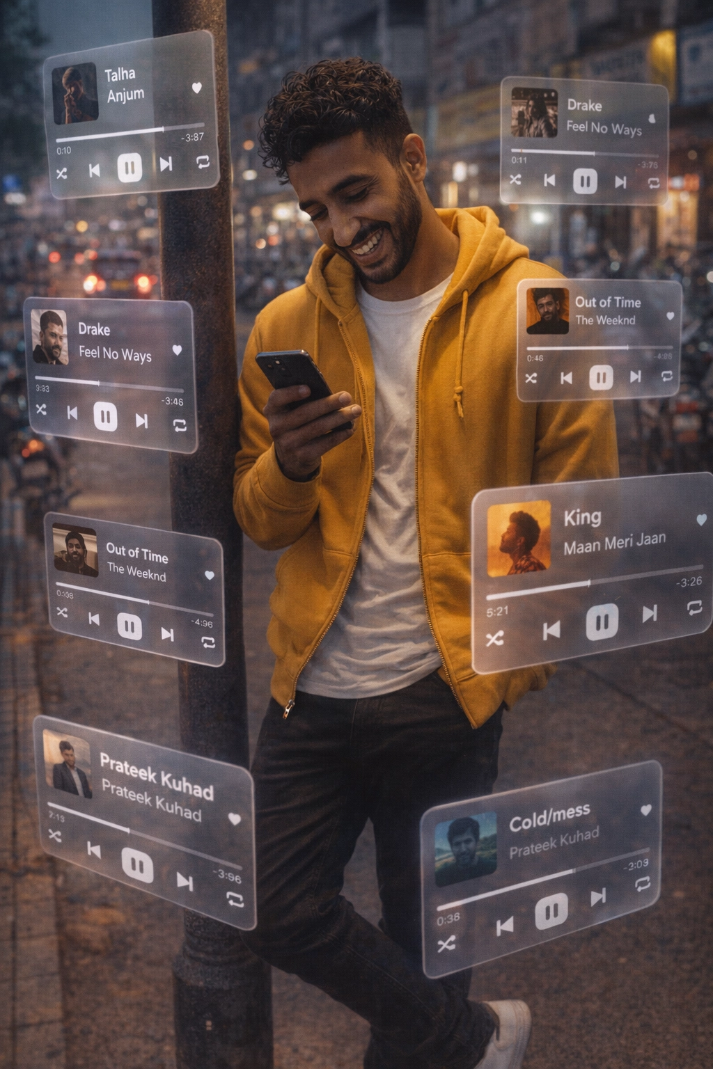 Человек на индийской улице с жёлтым худи и парящими Spotify-карточками
