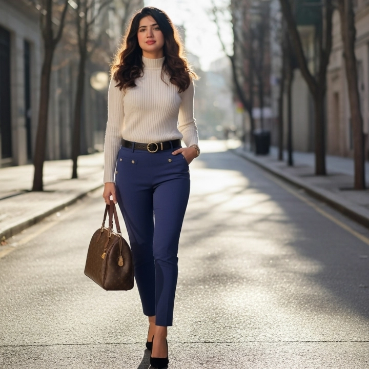 Женщина в кремовом свитере прогуливается по солнечному городу