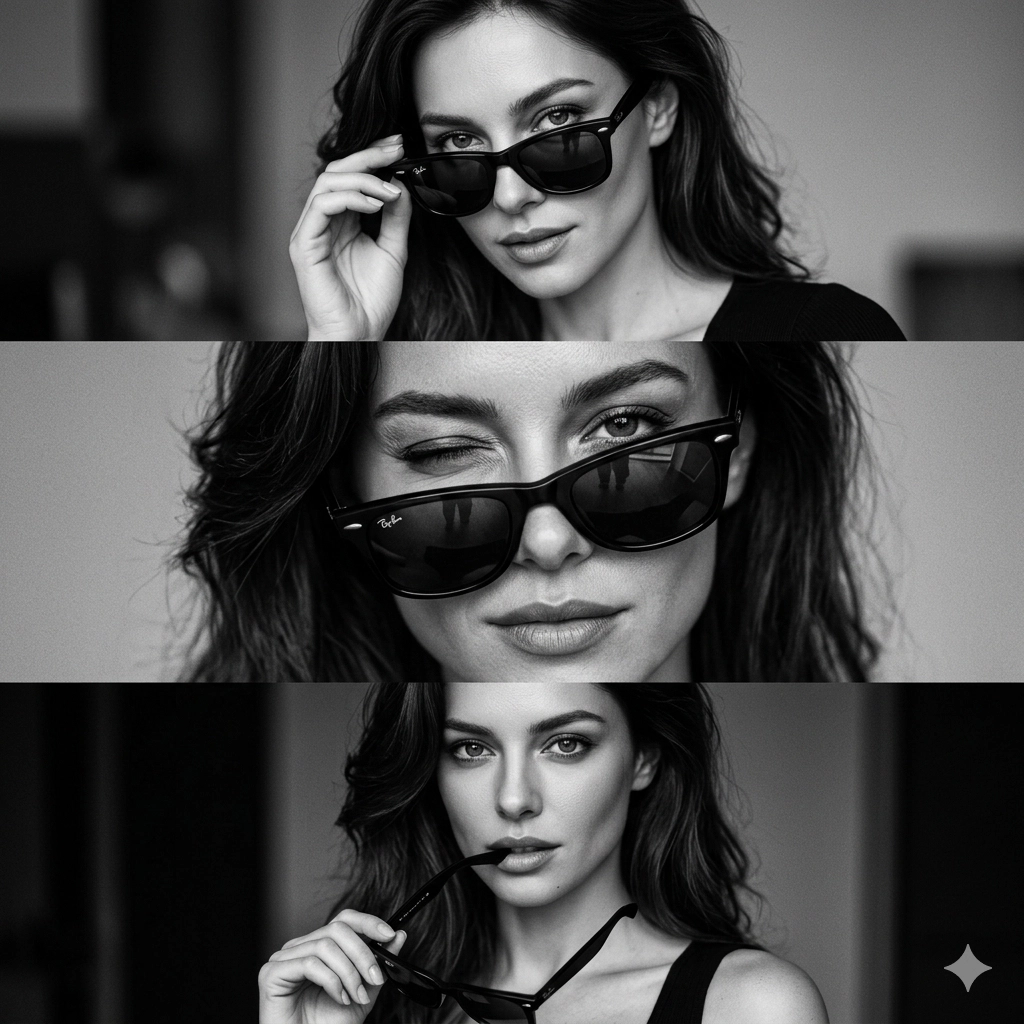 Трехпанельный черно-белый редакционный коллаж с Ray-Ban Wayfarer