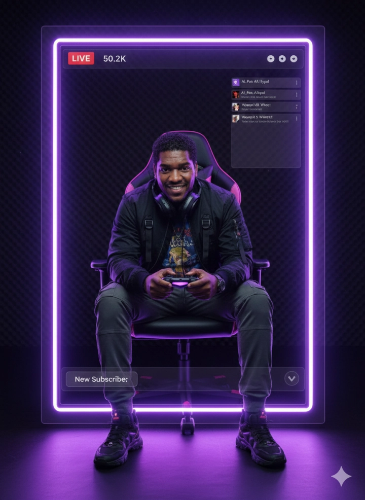 Стример в кресле в рамке оверлея Twitch с неоновым освещением
