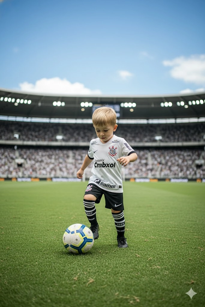 Трёхлетний ребёнок в форме Corinthians играет в футбол на стадионе