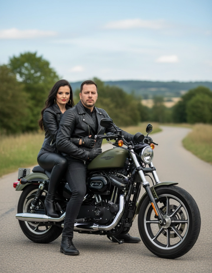 Пара на Harley-Davidson в байкерском стиле