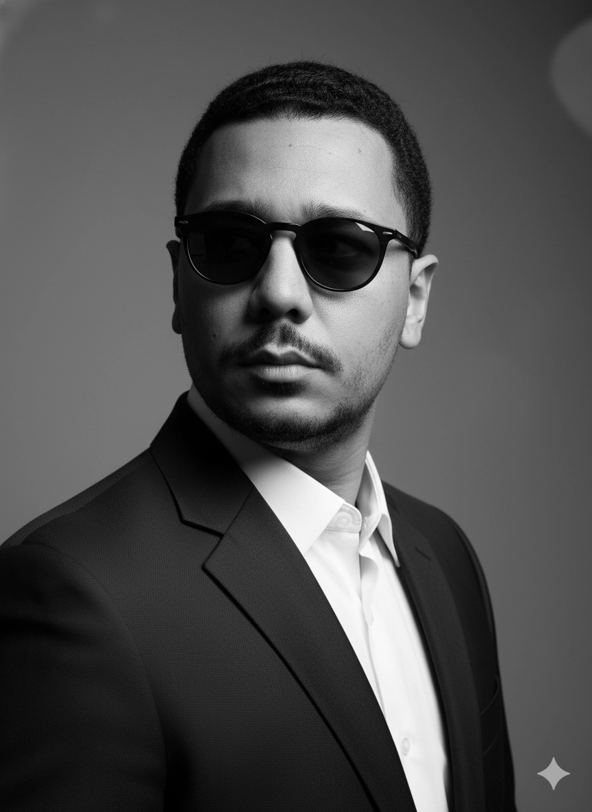 Черно-белый портрет в костюме Hugo Boss с солнцезащитными очками
