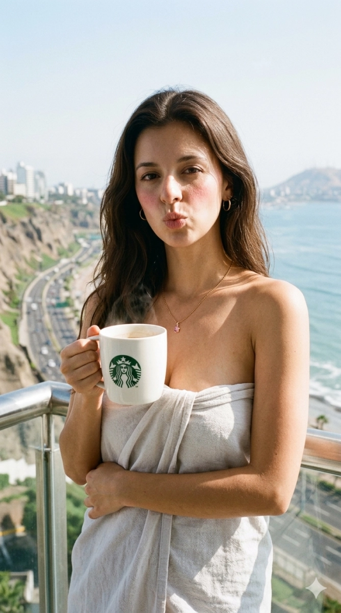 Seductive woman in thin towel on Lima balcony