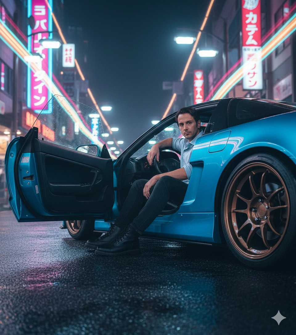 Я в модифицированном Honda NSX 1992 на неоновой улице Токио ночью