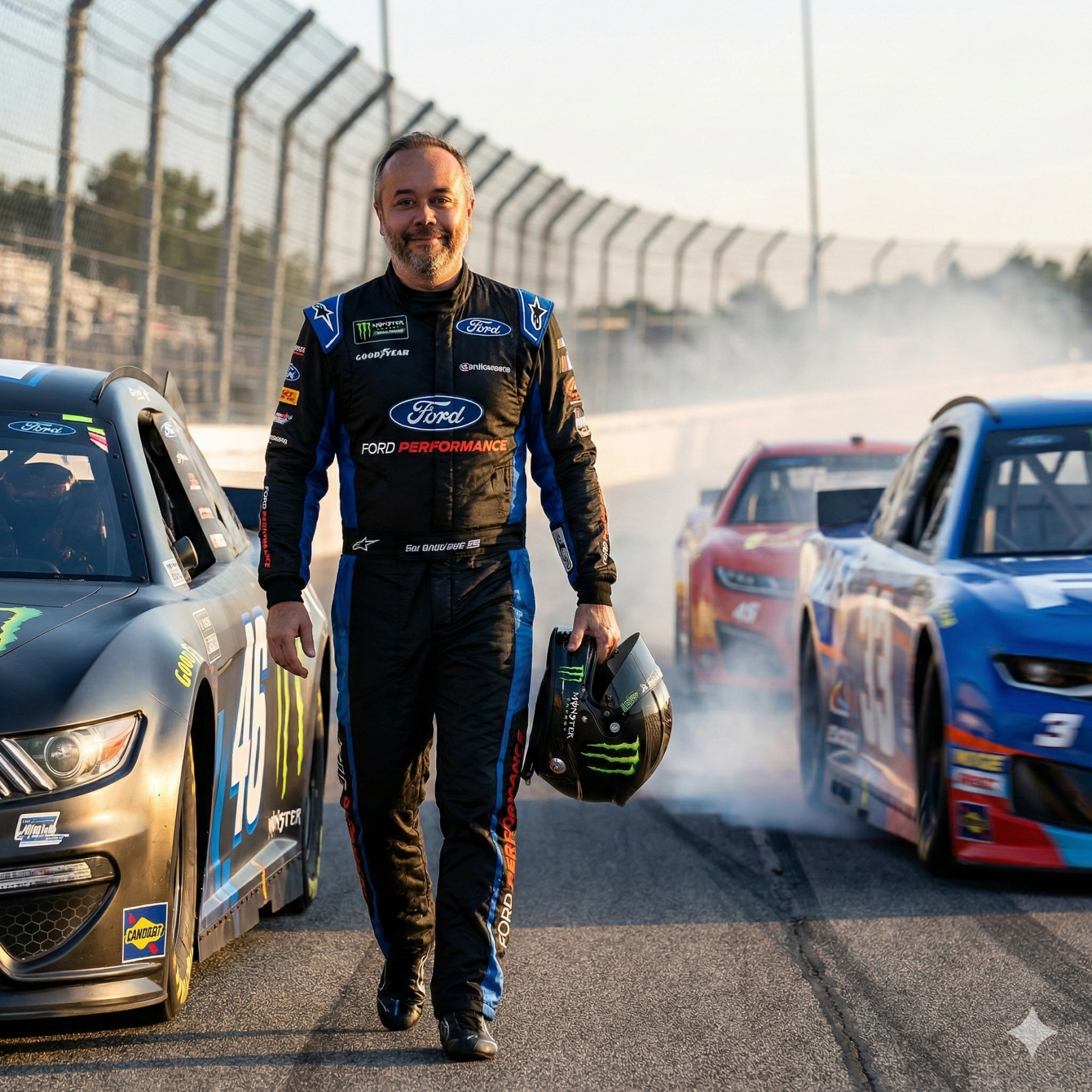 Гонщик NASCAR идёт у болида на трассе