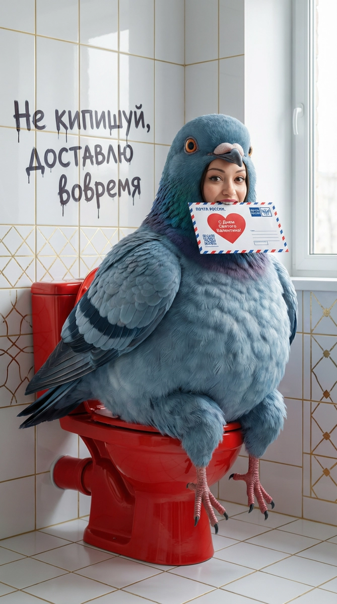 Женщина в пушистом костюме голубя на красном унитазе с почтовым конвертом