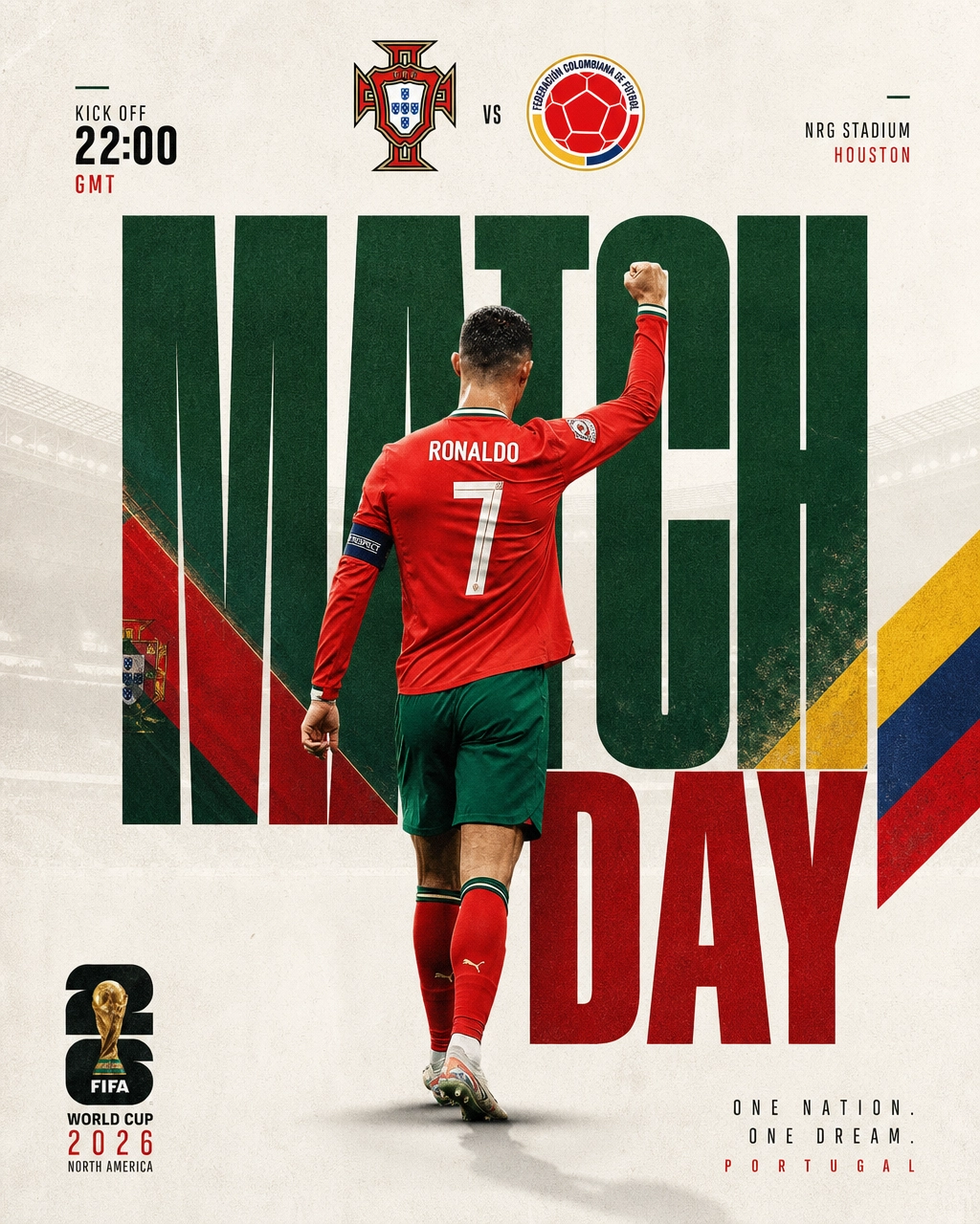 Постер матча ЧМ-2026: футболист сквозь типографику MATCH DAY
