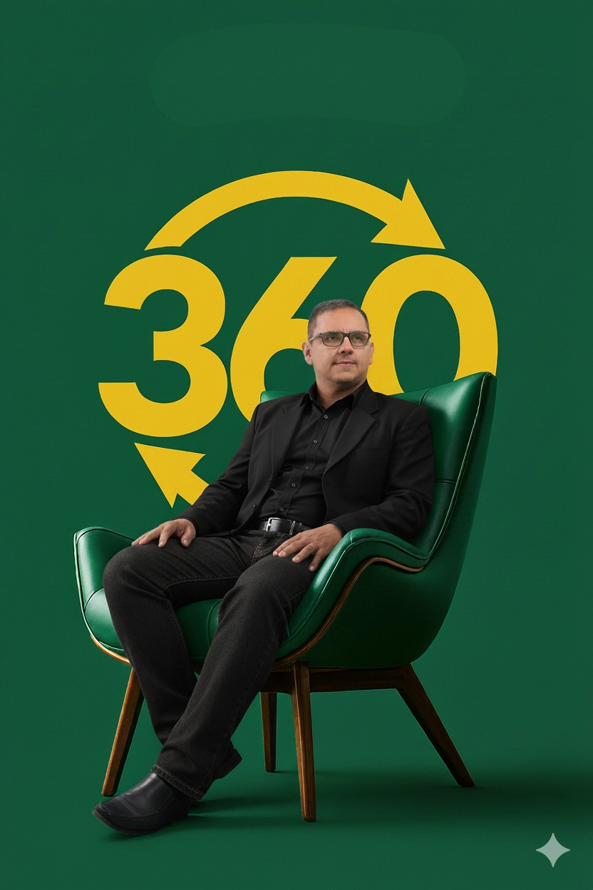 Мужчина в чёрном костюме перед зелёным фоном с цифрой 360 и жёлтыми стрелками