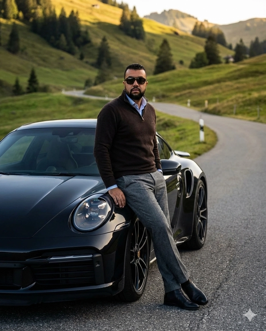 Мужчина в темных очках у Porsche на горной дороге