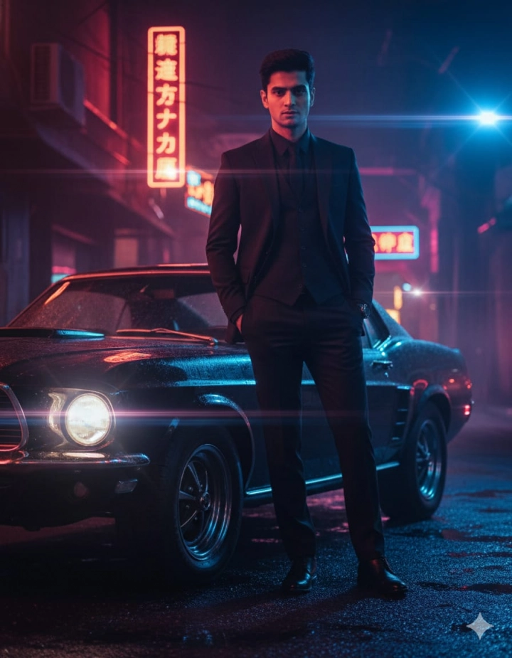 Кинематографический портрет мужчины с Ford Mustang в неоновой аллее