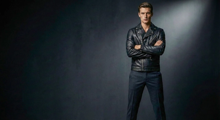 Мужская модель в кожаной куртке и брюках в студии