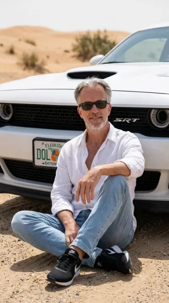 Мужчина в очках Wayfarer у белого Dodge Challenger в пустыне