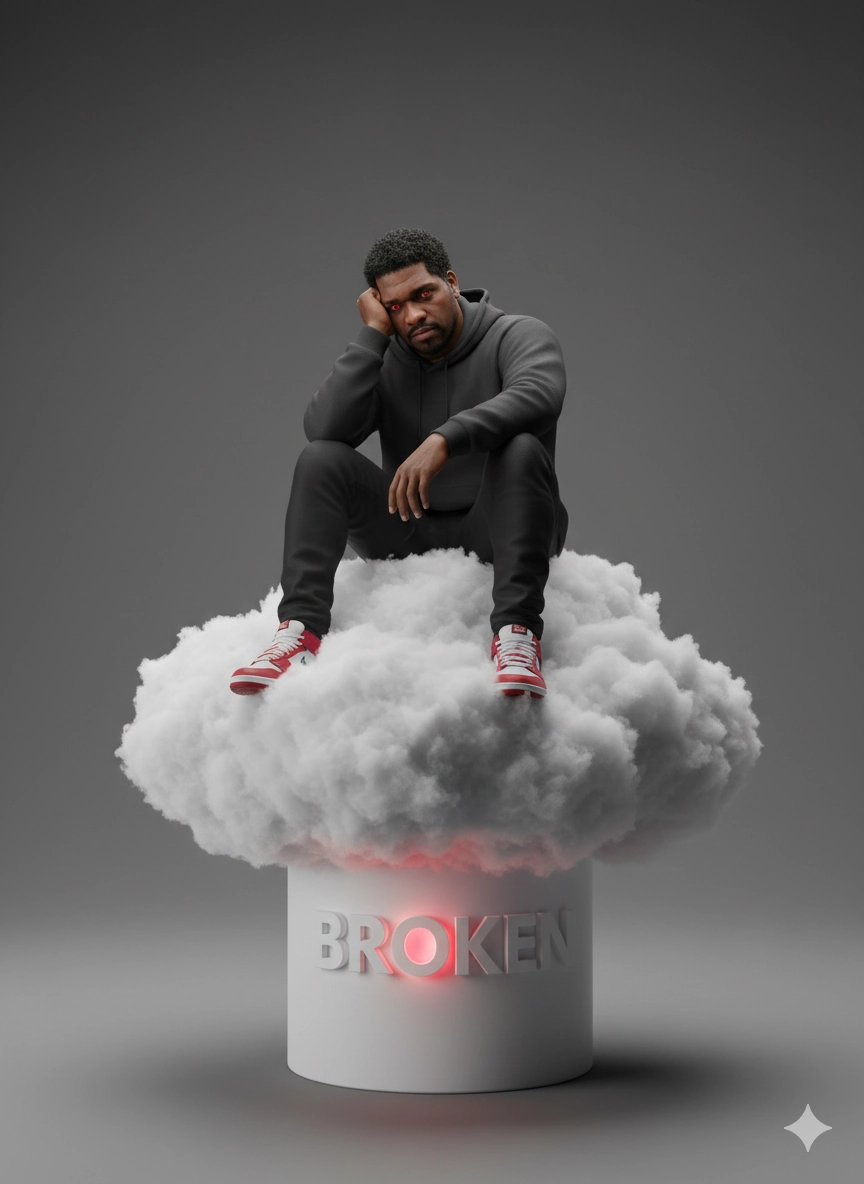 Мужчина на облаке со словом BROKEN