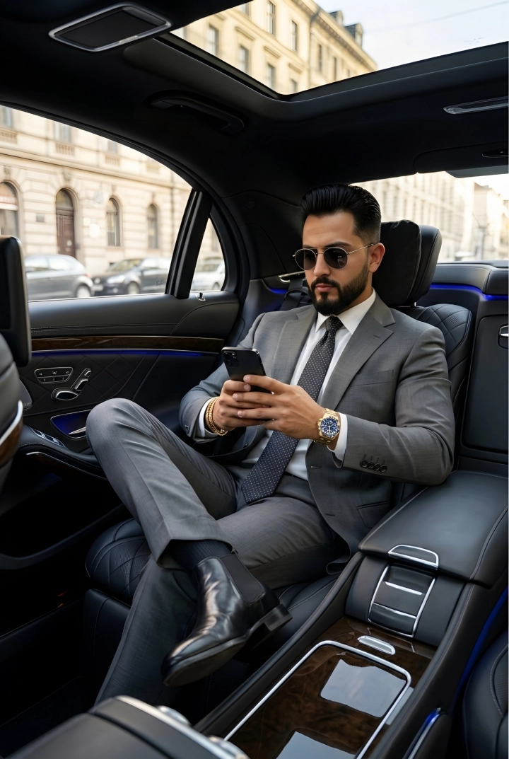 Мужчина в сером костюме сидит в заднем сиденье Mercedes-Benz S-Class