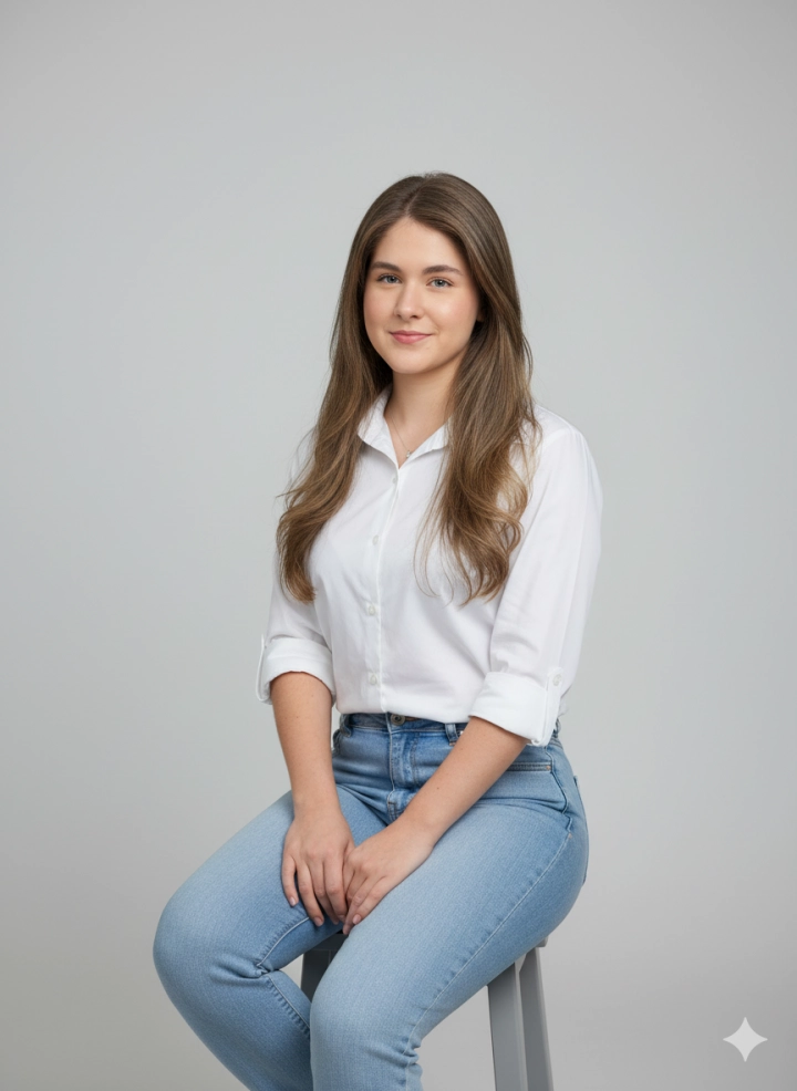Женщина в белой рубашке и джинсах, мягкое освещение
