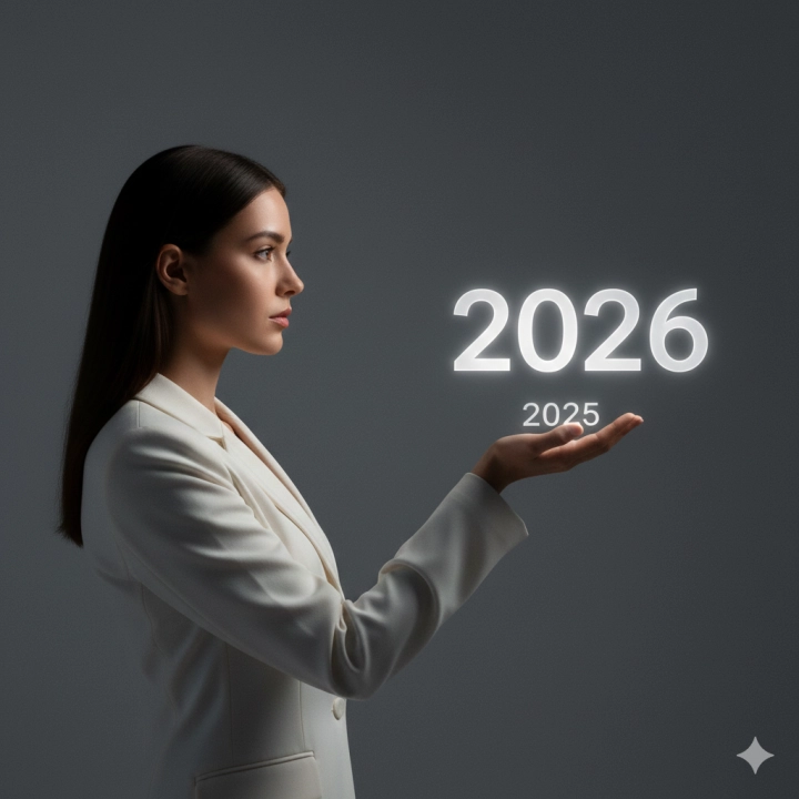 Женщина с цифрами 2025 и 2026 на фоне