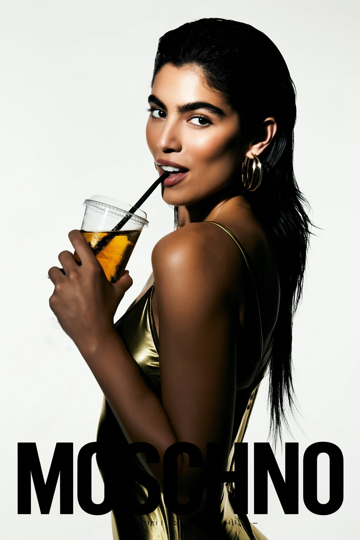 Модель в золотом платье Moschino с коктейлем