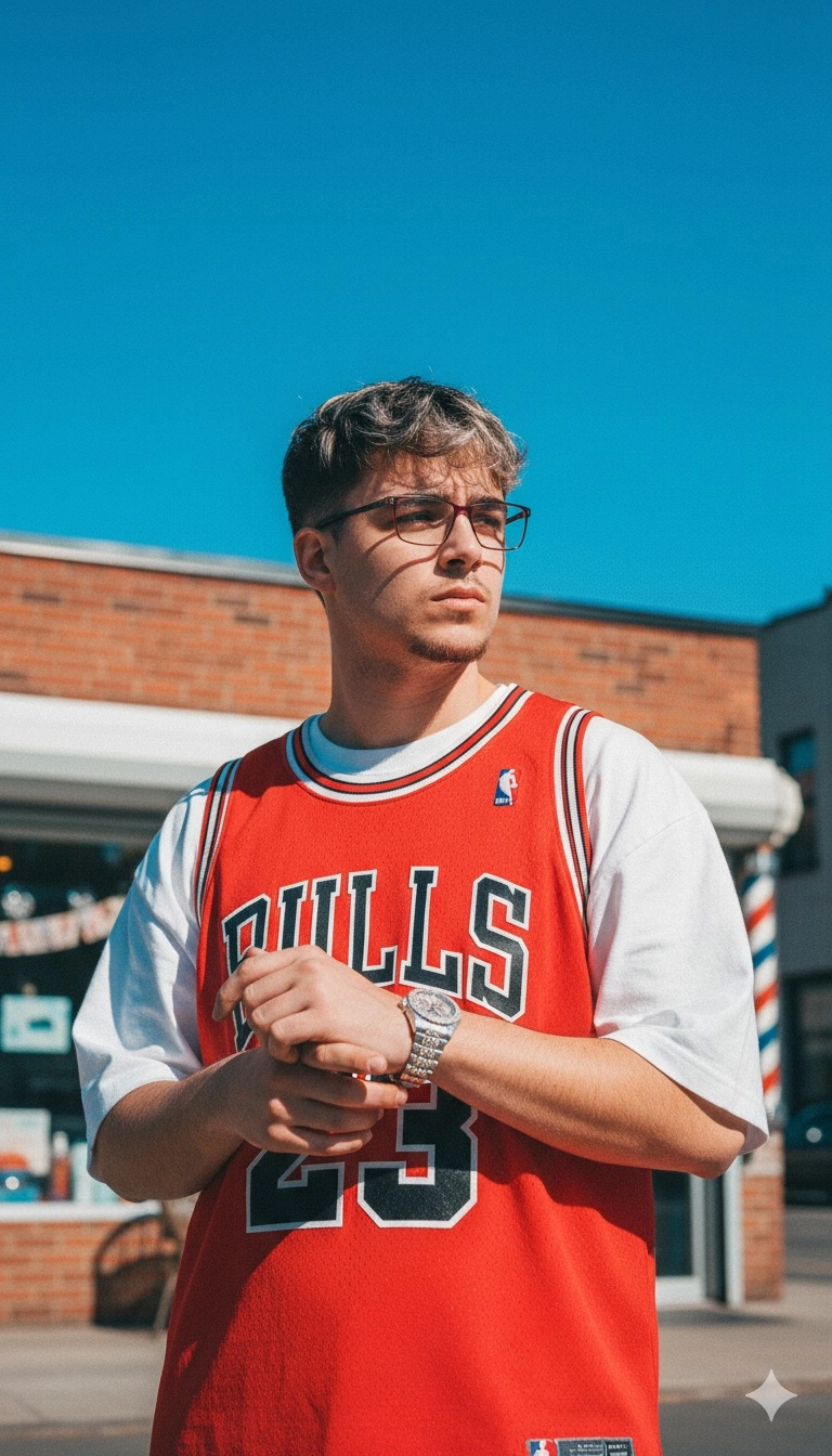 Мужчина в красном тишке Bulls в Нью-Йорке