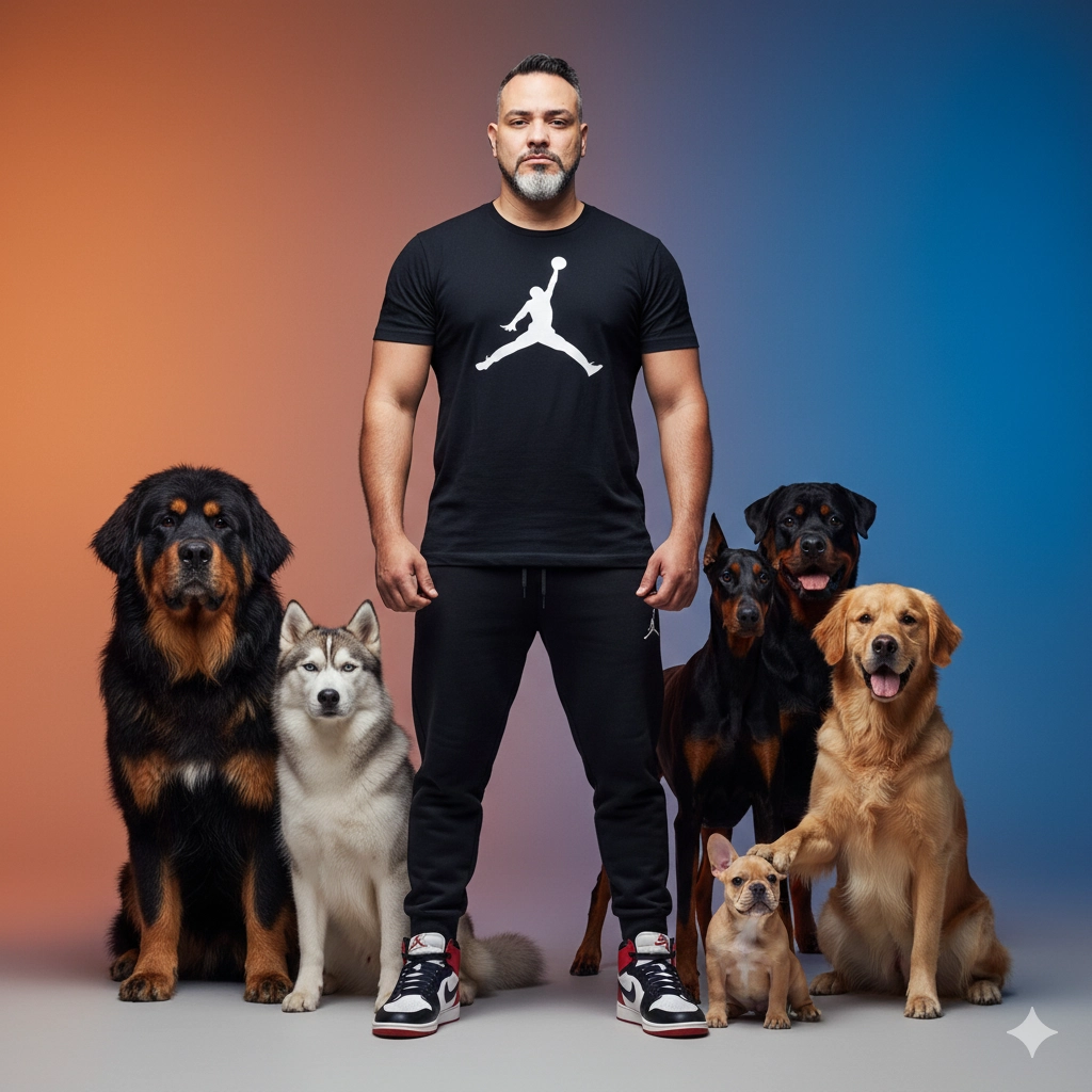 Портрет парня в Air Jordan с семьёй собак