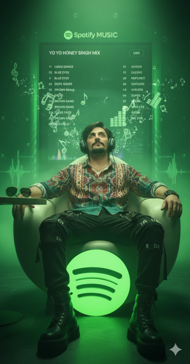 Человек в одежде из картинки 2 сидит на логотипе Spotify, наслаждается музыкой