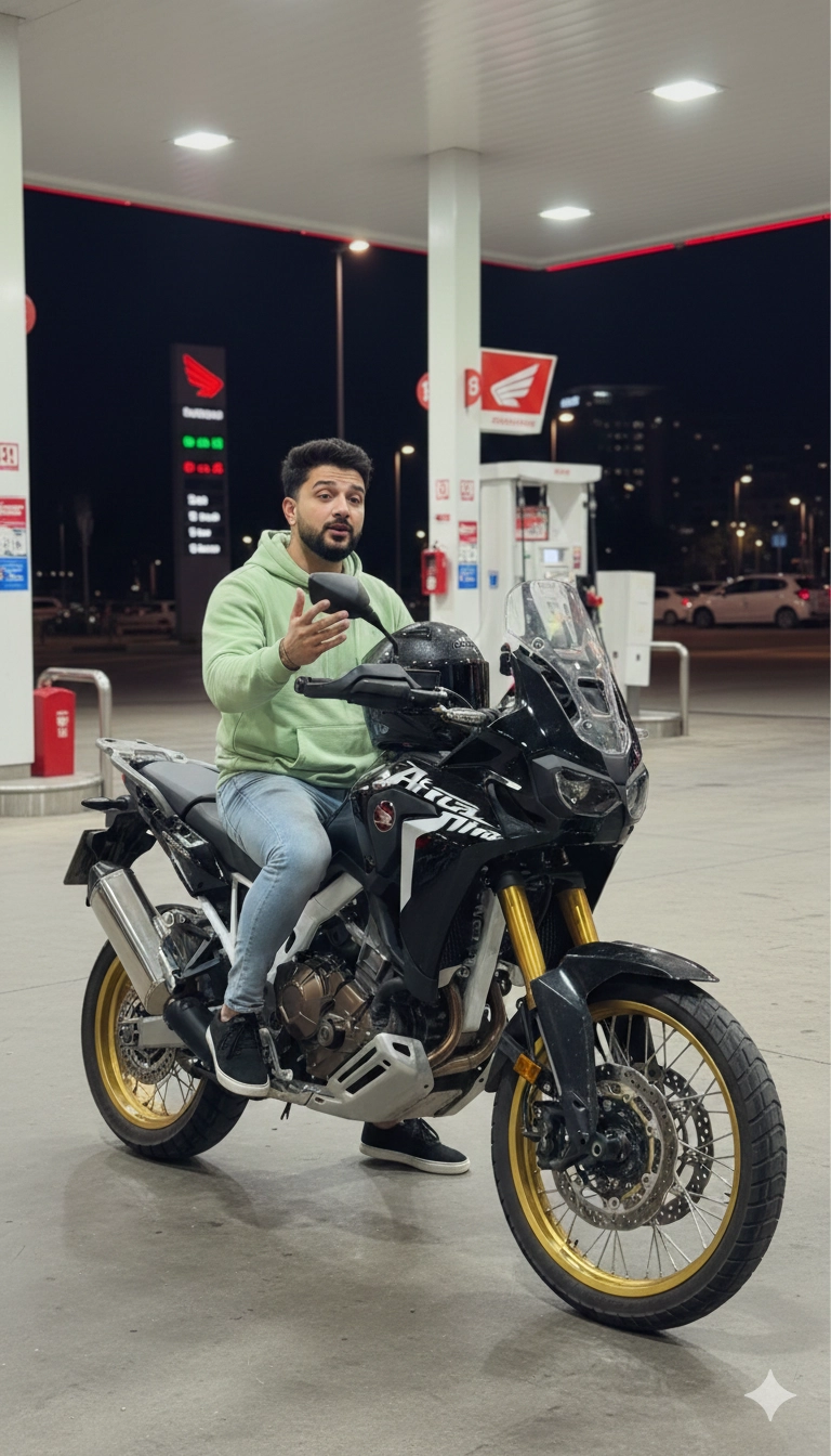 Молодой человек на Honda Africa Twin у заправки ночью