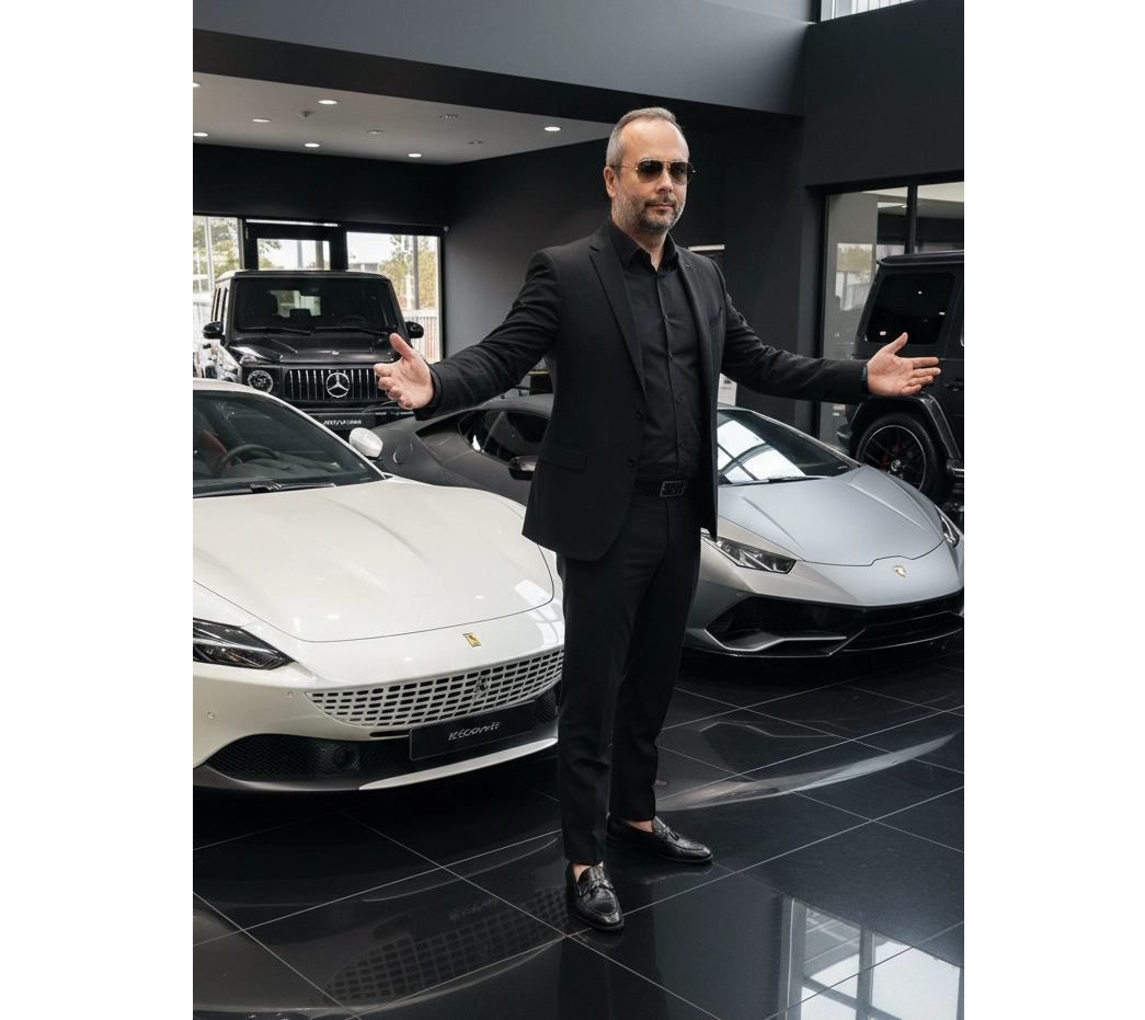 Человек в темных очках и черном костюме у люксовых автомобилей