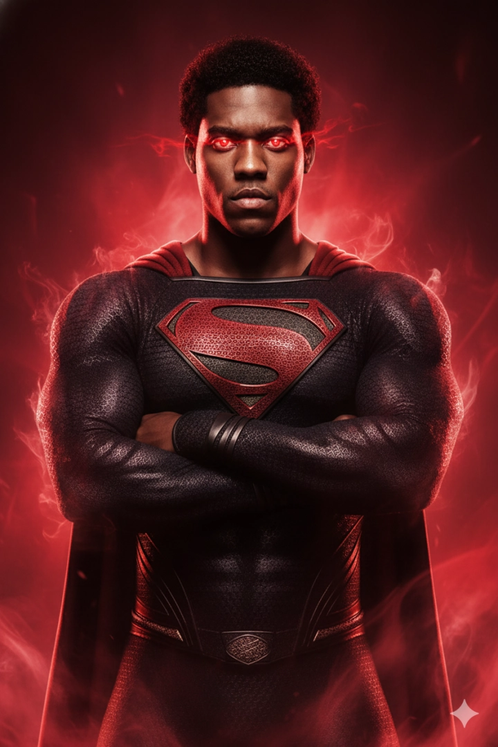 Man in dark suit with red S symbol