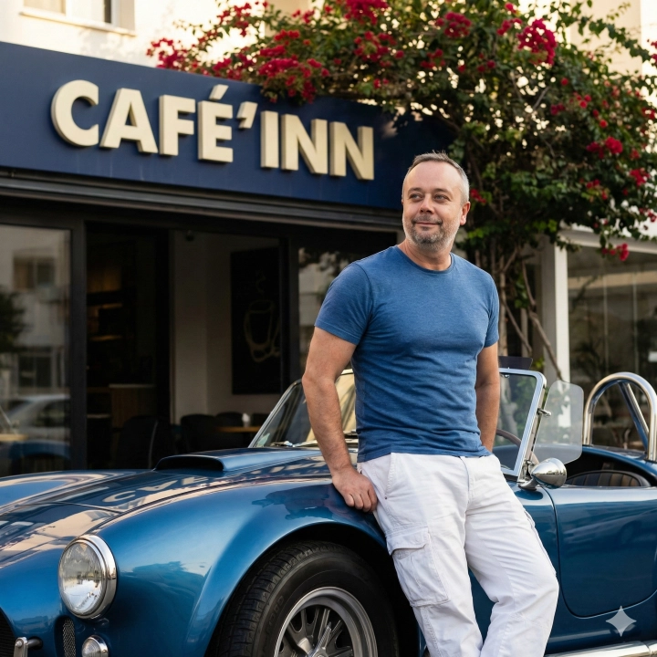Спортсмен у классического синего Shelby Cobra перед кофейней CAFE'INN
