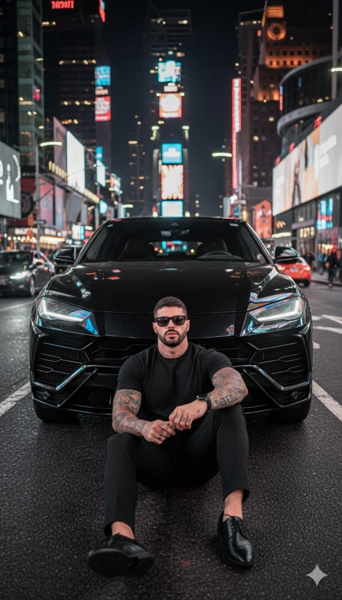 Человек сидит перед чёрным Lamborghini Urus на Таймс-Сквер ночью