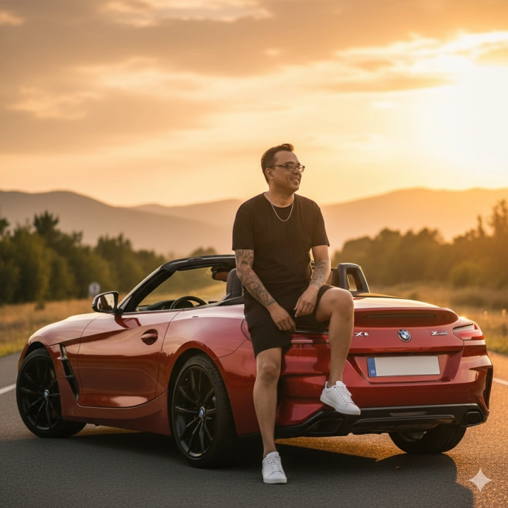 Уверенный мужчина на краю красного BMW Z4 на закате