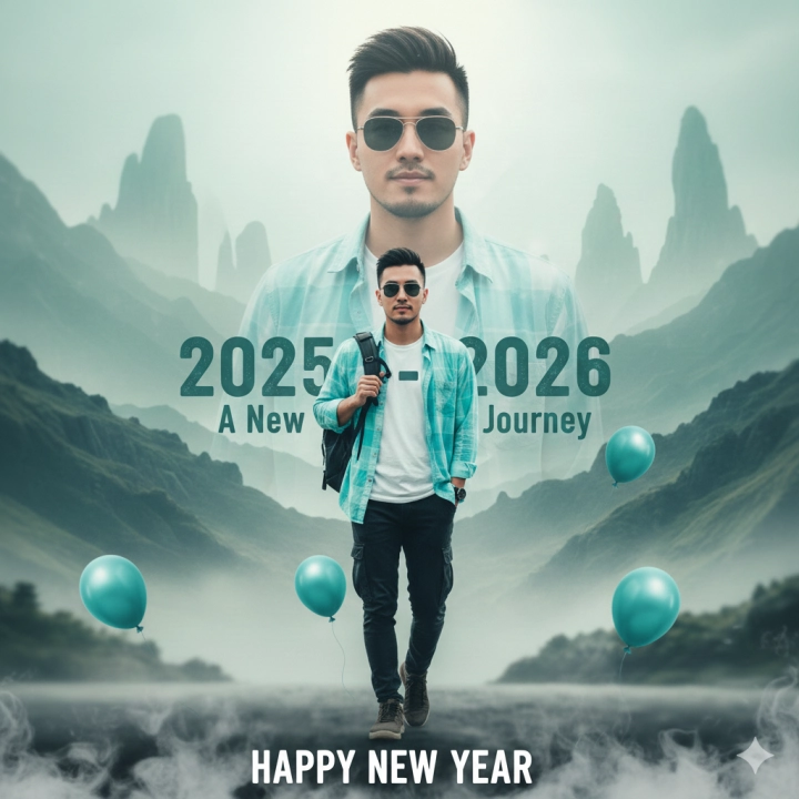 Кинематографичный постер Happy New Year 2026 с двойной экспозицией на основе селфи
