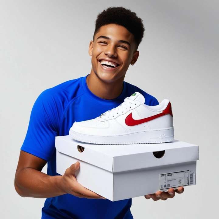 Молодник с широким улыбкой в синей футболке с брендом Nike, держит коробку обуви