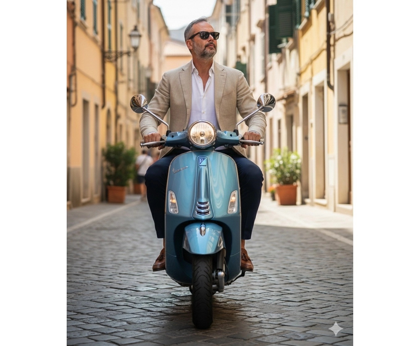 Мужчина на велосипеде Vespa в узких улочках Италии