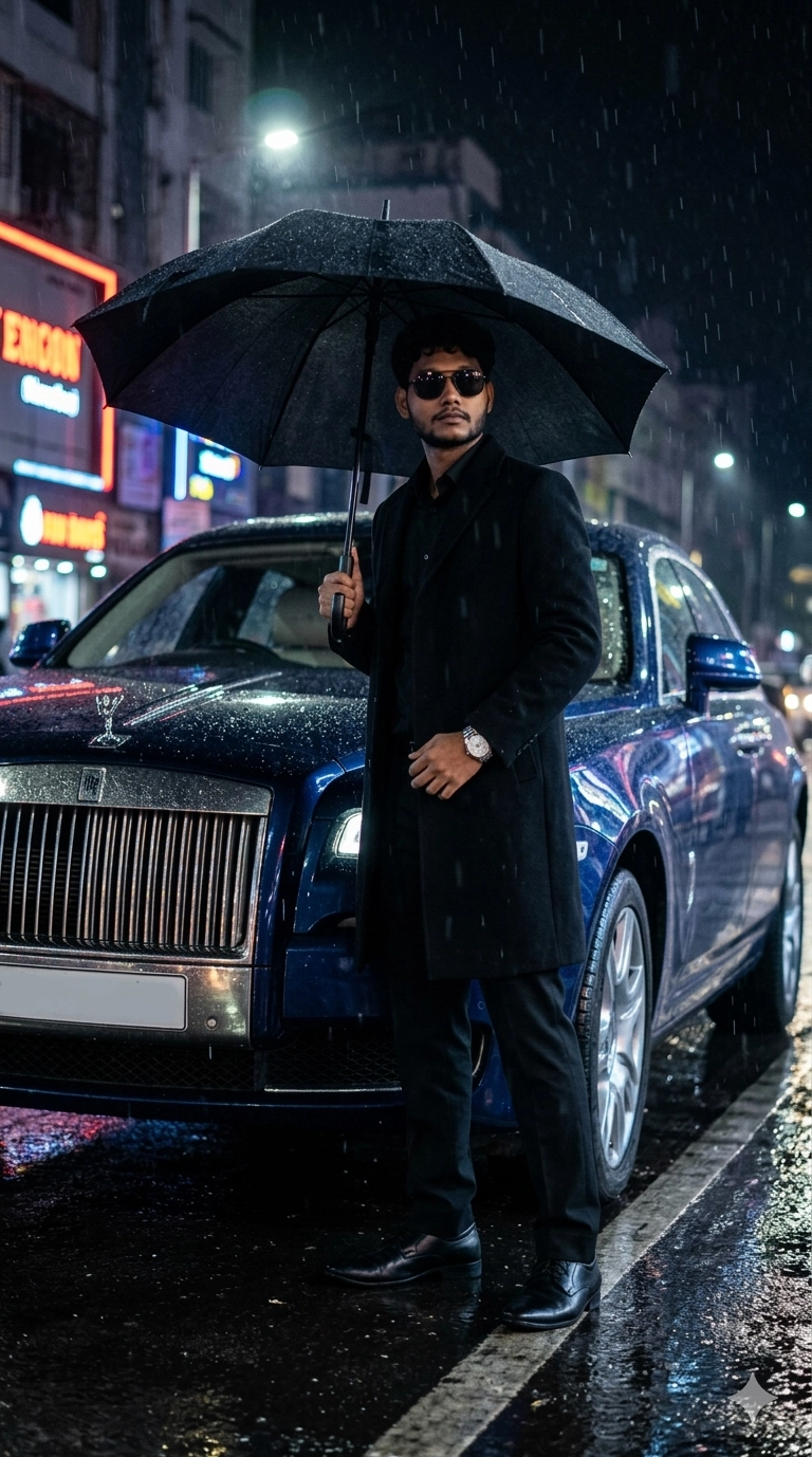 Мужчина в чёрном плаще у Rolls-Royce Ghost в дождь