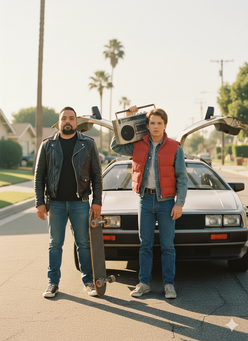 Мужчина в кожаной куртке с Converse и скейтом рядом с Marty McFly у открытого DeLorean