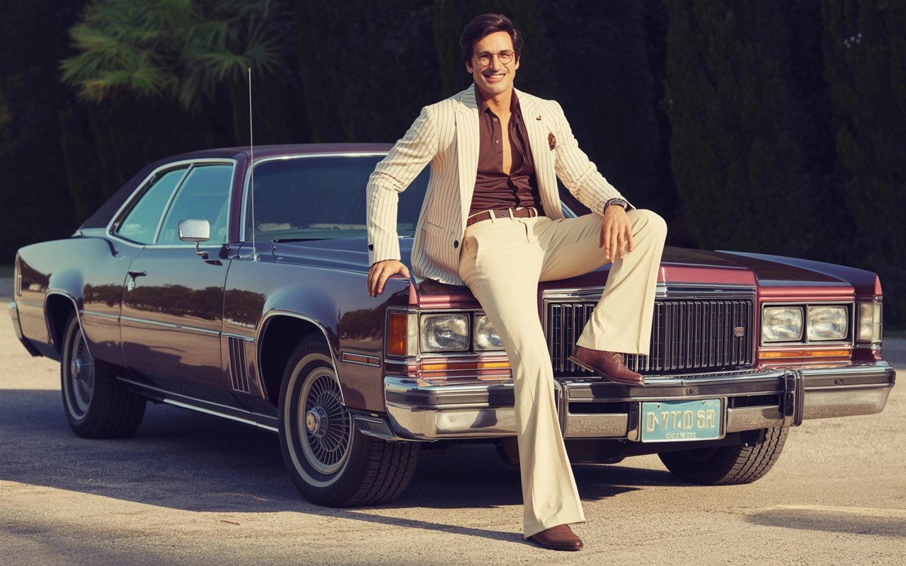 Мужчина в кремовом пиджаке на капоте burgundy Cadillac Eldorado