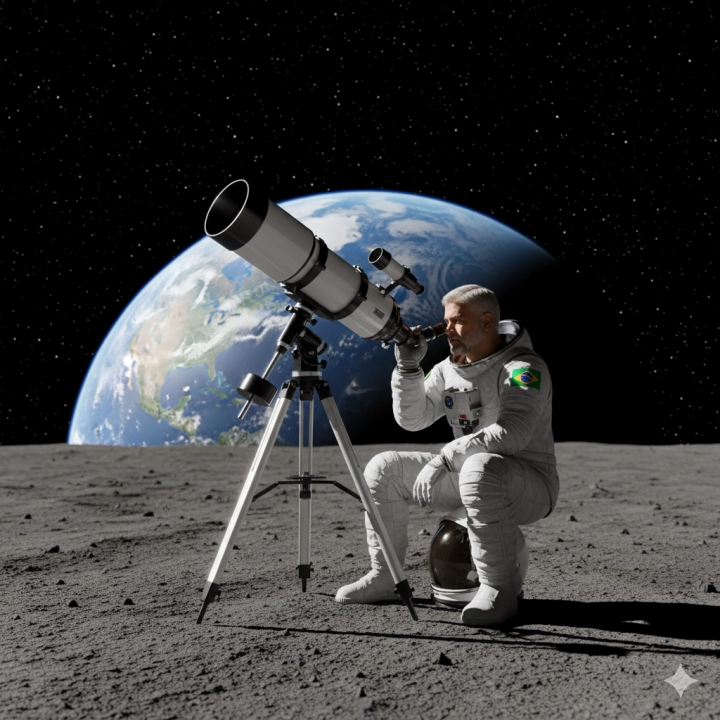 Бразильский астронавт в шлеме на лунной поверхности с телескопом Skywatcher