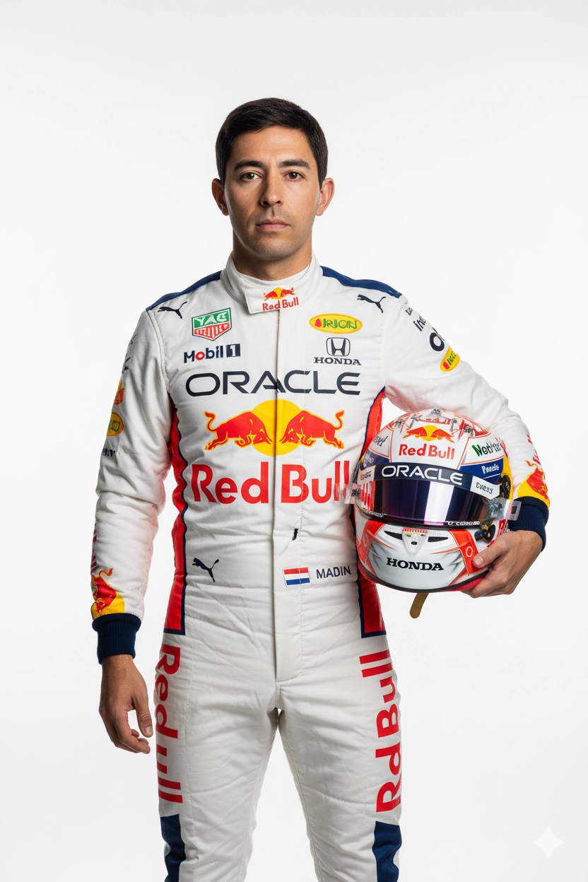 Гонщик F1 в белом костюме с шлемом на белом фоне