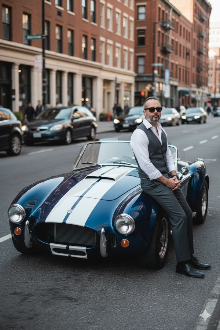 Мужчина в классическом костюме на капоте Shelby Cobra на городской улице
