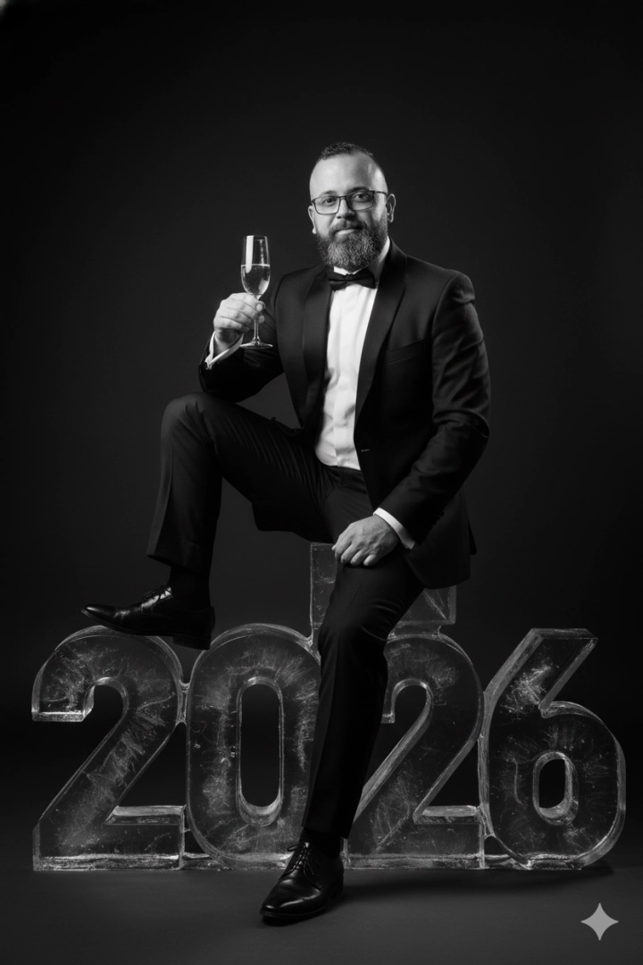 Мужчина в смокинге на цифрах 2026 изо льда