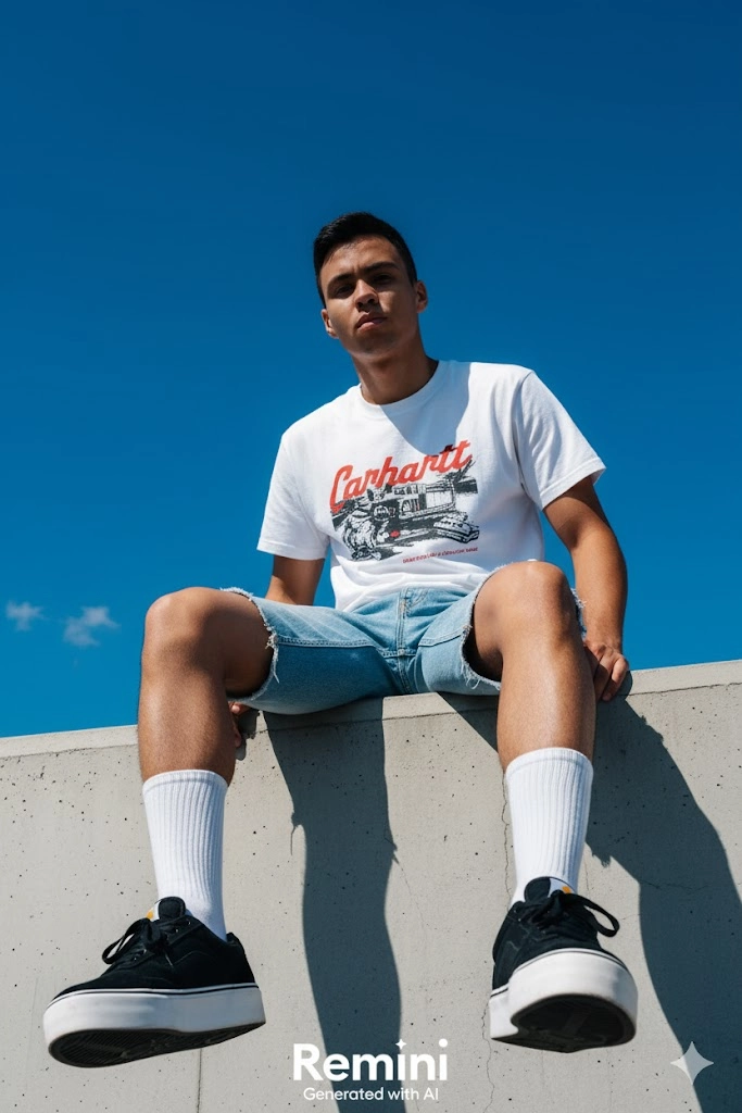 Парень в белой футболке Carhartt под ярким небом