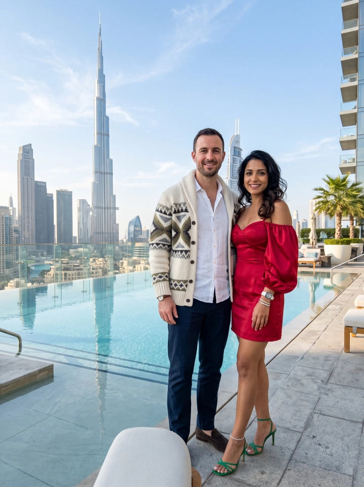 Портрет пары в Дубае у бассейна с небоскрёбом Burj Khalifa