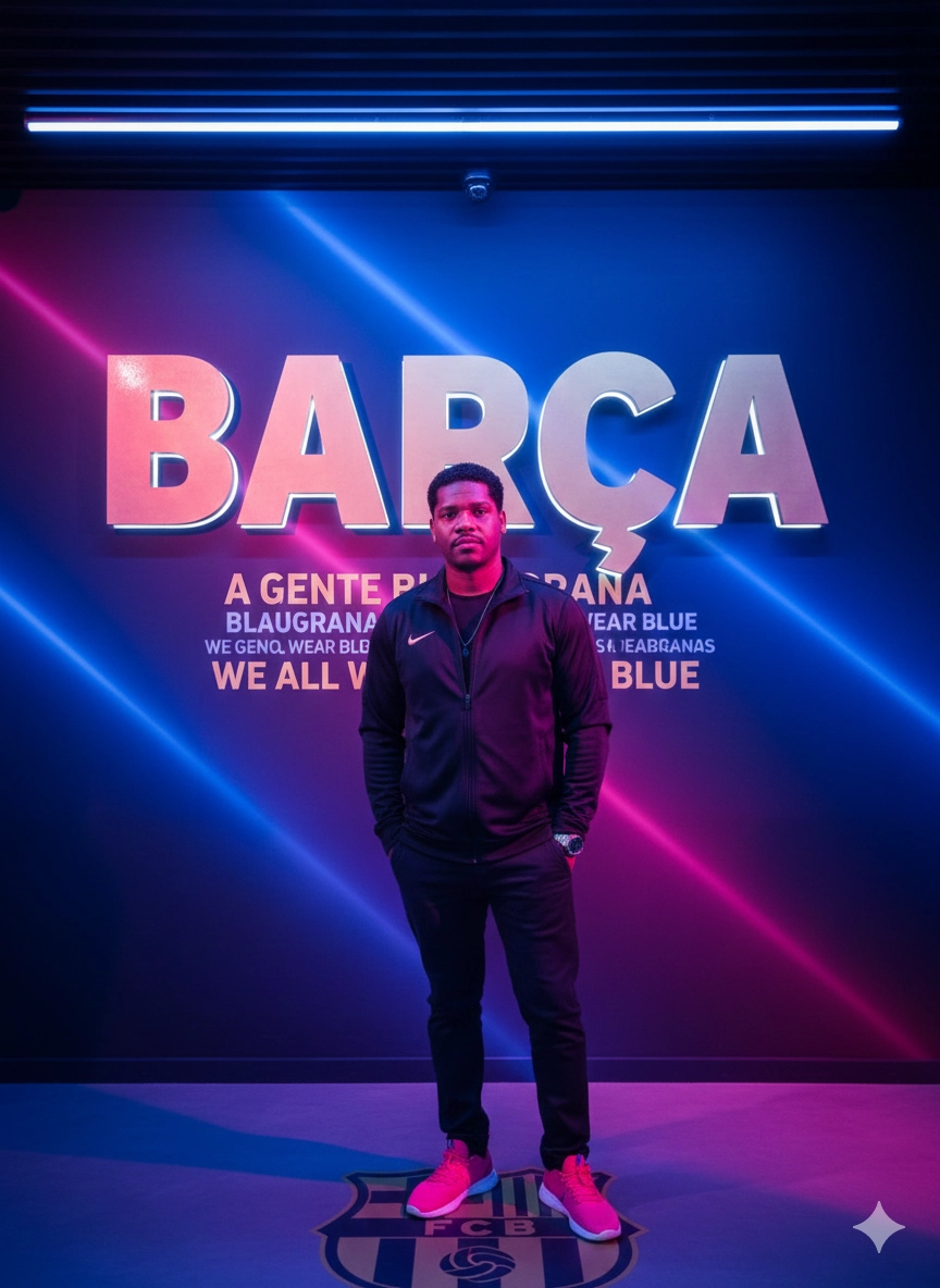 Мужчина в коридоре с логотипом BAR&Ccedil;A и неоновым светом