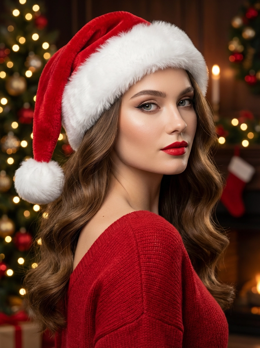 Гламурная девушка в красном свитере и santa-кепке