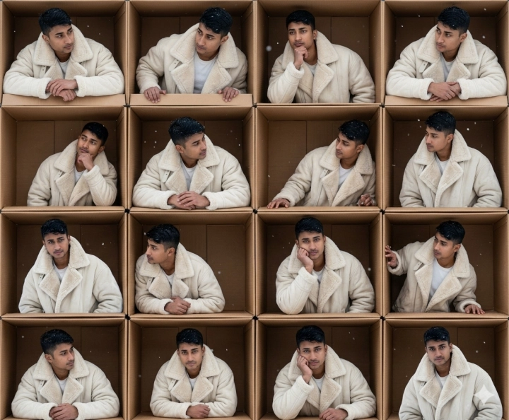 Коллаж из людей в картонных коробках 3x3 или 4x3