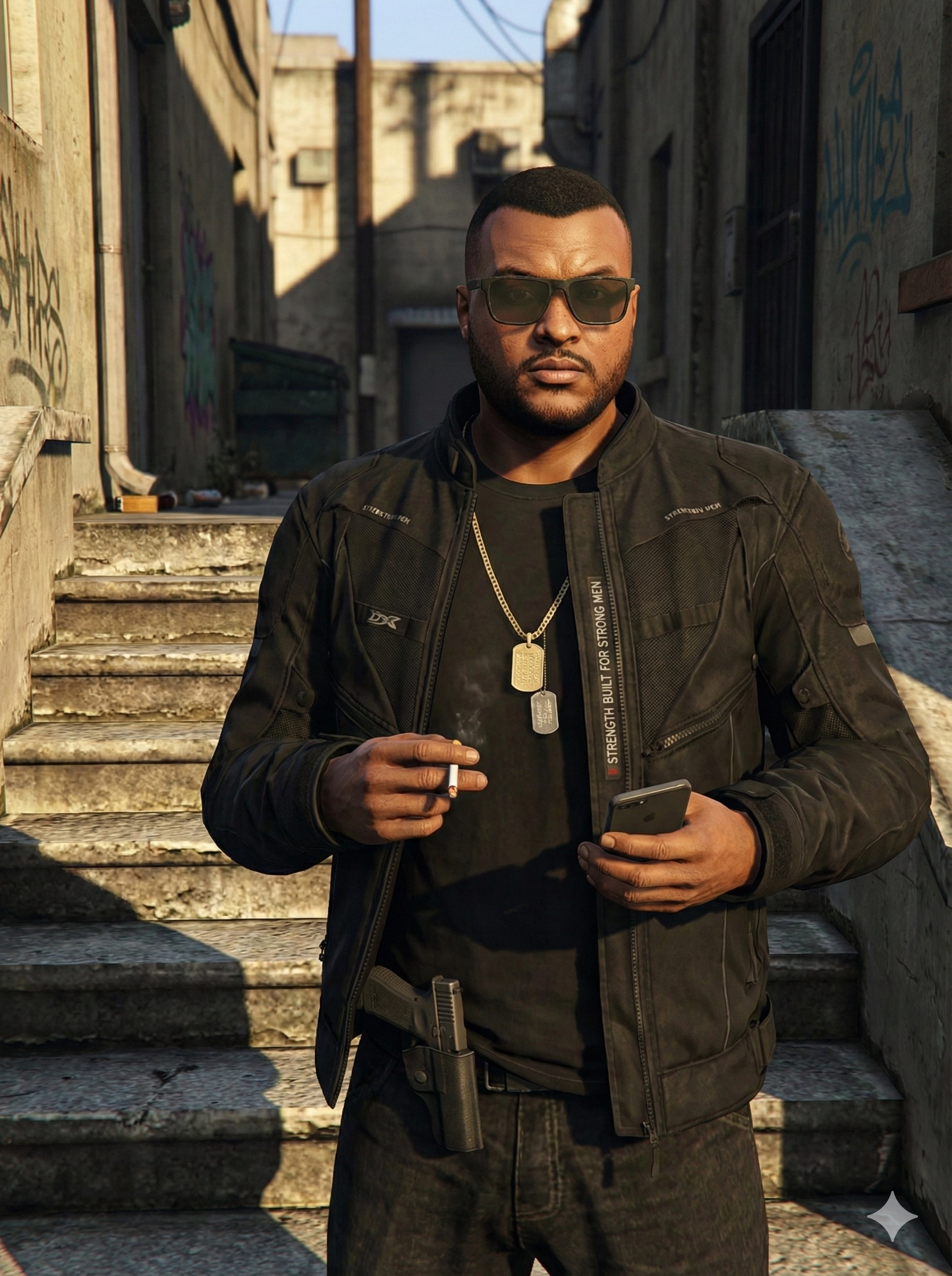 Персонаж в стиле GTA 5 на фоне Лос-Сантоса