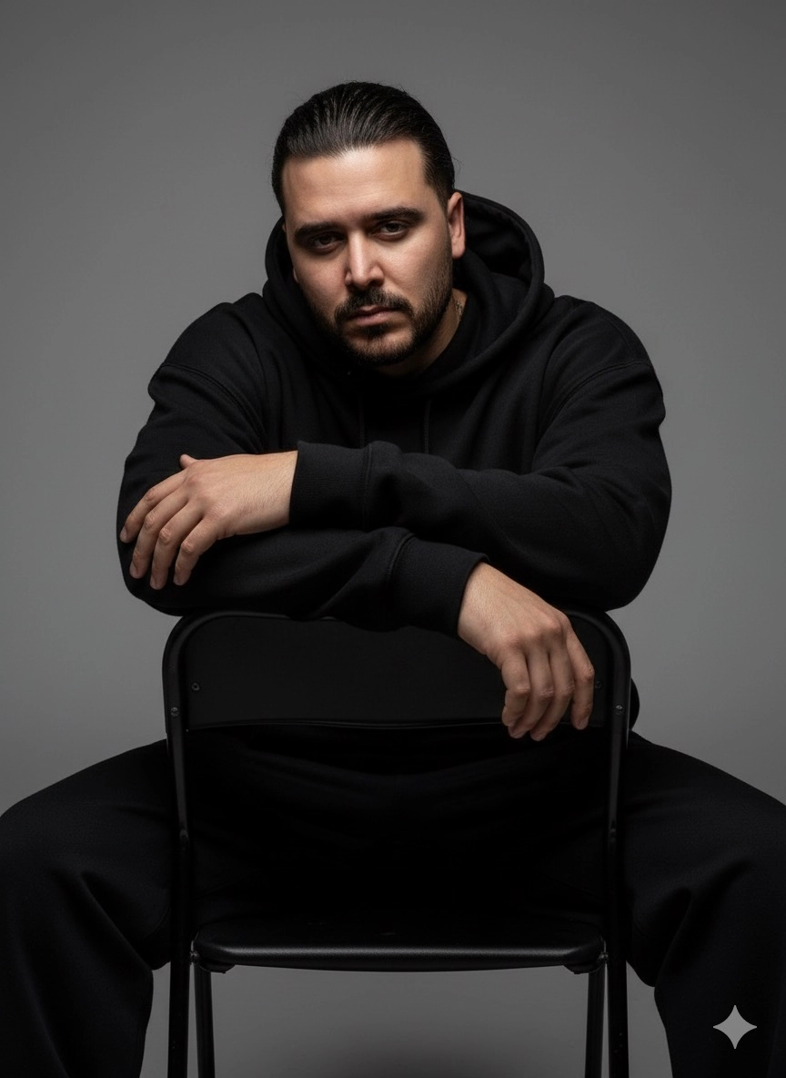 Уличный редакционный портрет с позой на обратном стуле