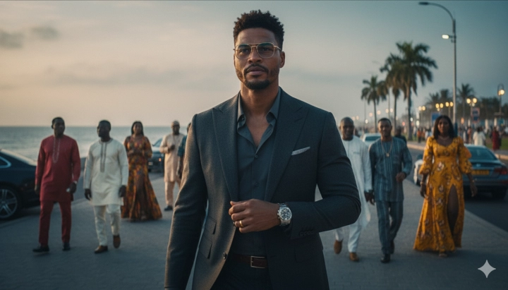 Мужчина в тёмно-сером костюме идёт по пляжной променаду Лагоса на закате