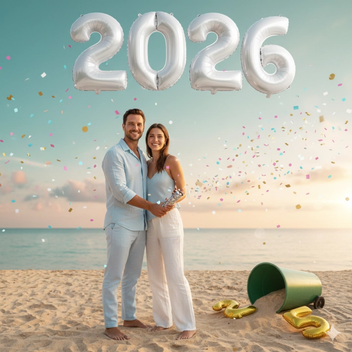 Портрет пары на пляже на закате с шаром 2026